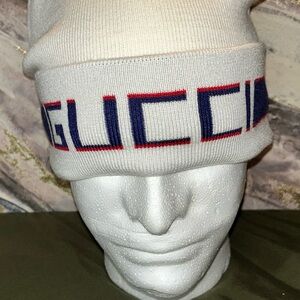 Gucci Ivory Knit Hat with Red and Blue Logo
